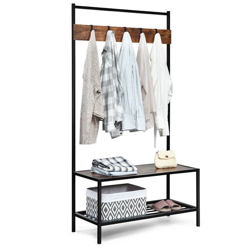 3 in 1 Industrial Coat Rack with 2-tier Storage Bench and 5 Hooks