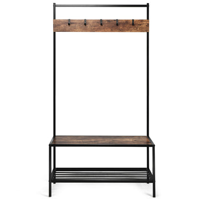 3 in 1 Industrial Coat Rack with 2-tier Storage Bench and 5 Hooks