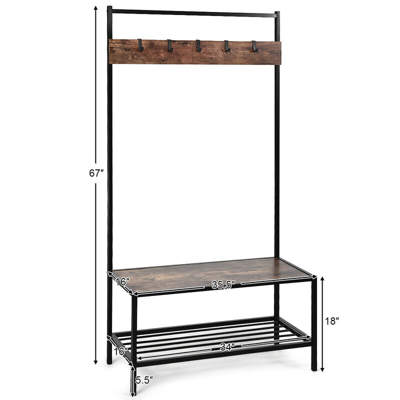 3 in 1 Industrial Coat Rack with 2-tier Storage Bench and 5 Hooks