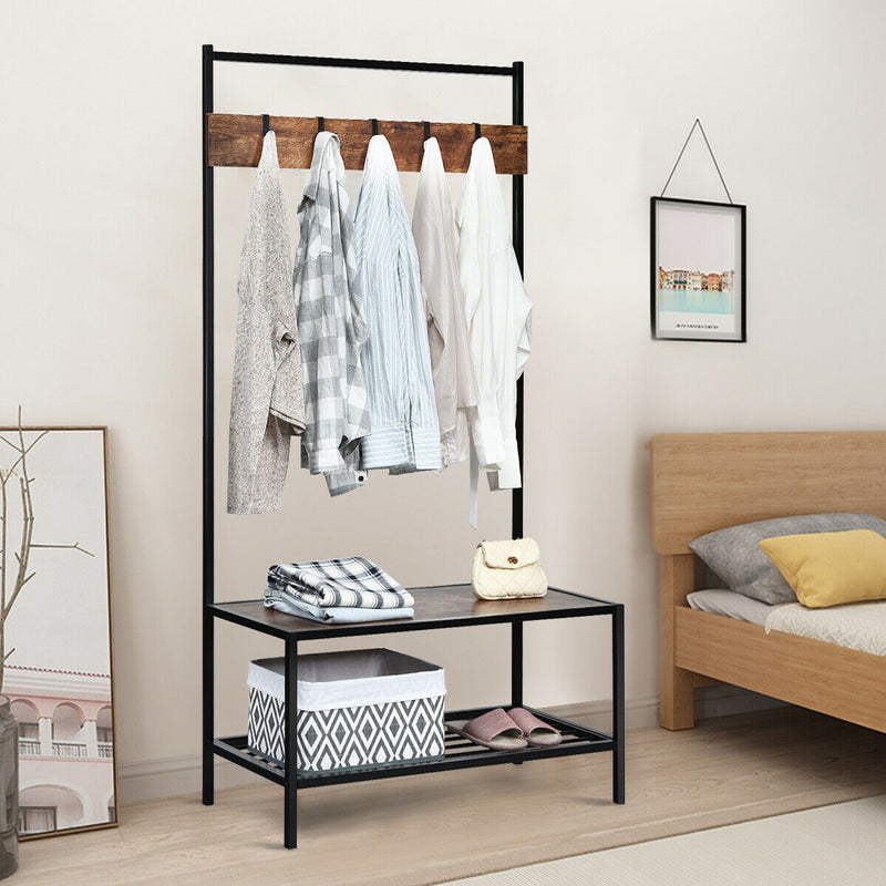 3 in 1 Industrial Coat Rack with 2-tier Storage Bench and 5 Hooks