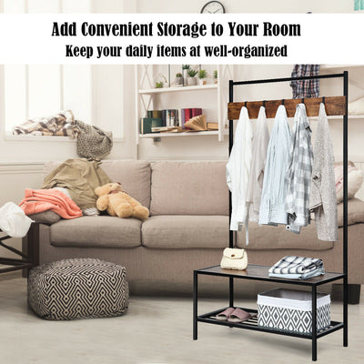 3 in 1 Industrial Coat Rack with 2-tier Storage Bench and 5 Hooks