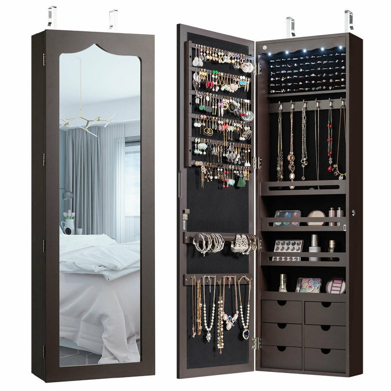 5 LEDs Lockable Mirror Jewelry Cabinet Armoire with 6 Drawers