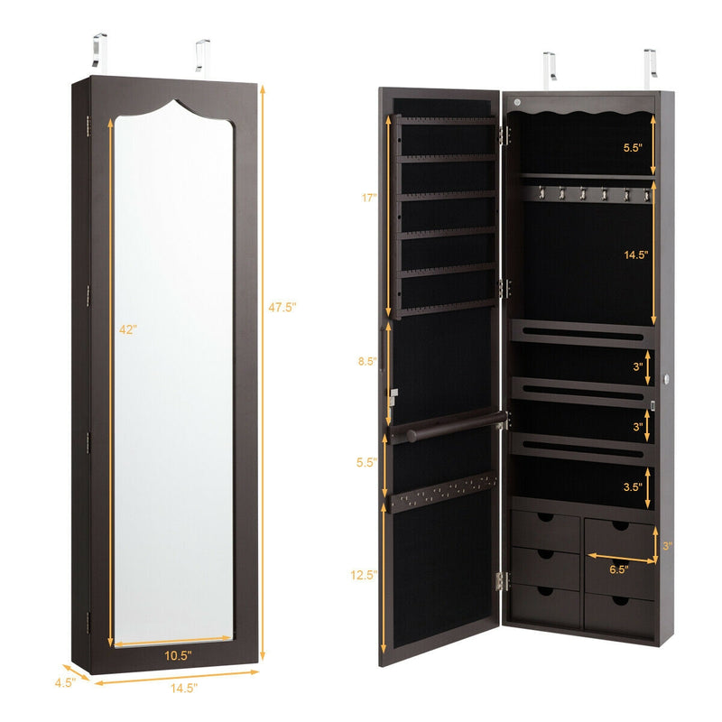 5 LEDs Lockable Mirror Jewelry Cabinet Armoire with 6 Drawers