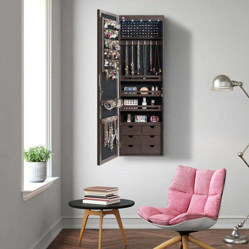 5 LEDs Lockable Mirror Jewelry Cabinet Armoire with 6 Drawers