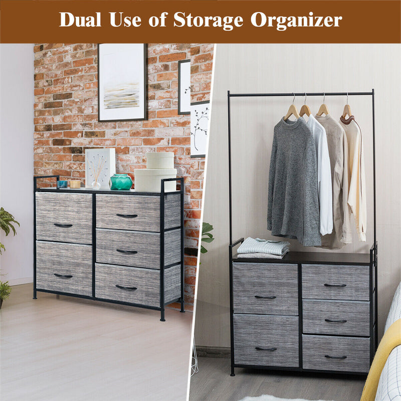 5 Drawers Fabric Dresser with Hanger Metal Top Storage Closet Organizer