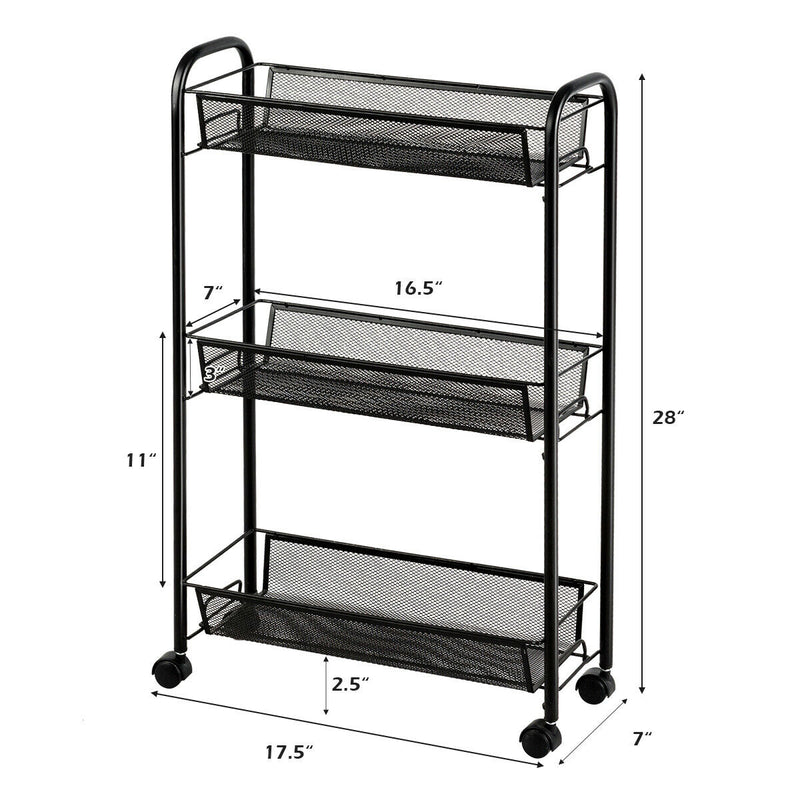 3-Tier Metal Mesh Rolling Utility Cart With 2 Lockable Wheels