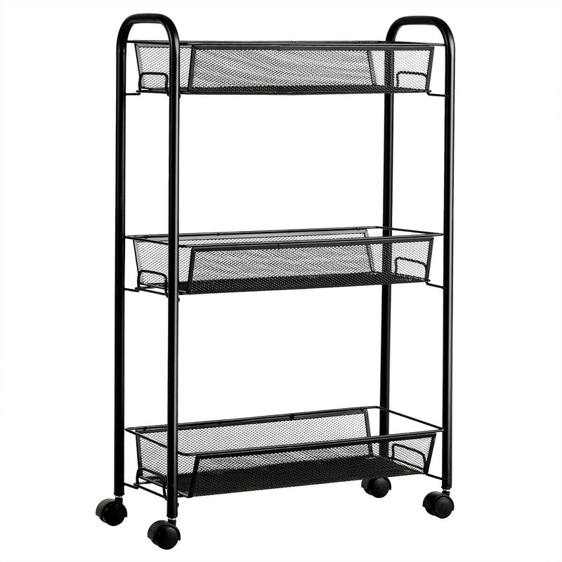 3-Tier Metal Mesh Rolling Utility Cart With 2 Lockable Wheels