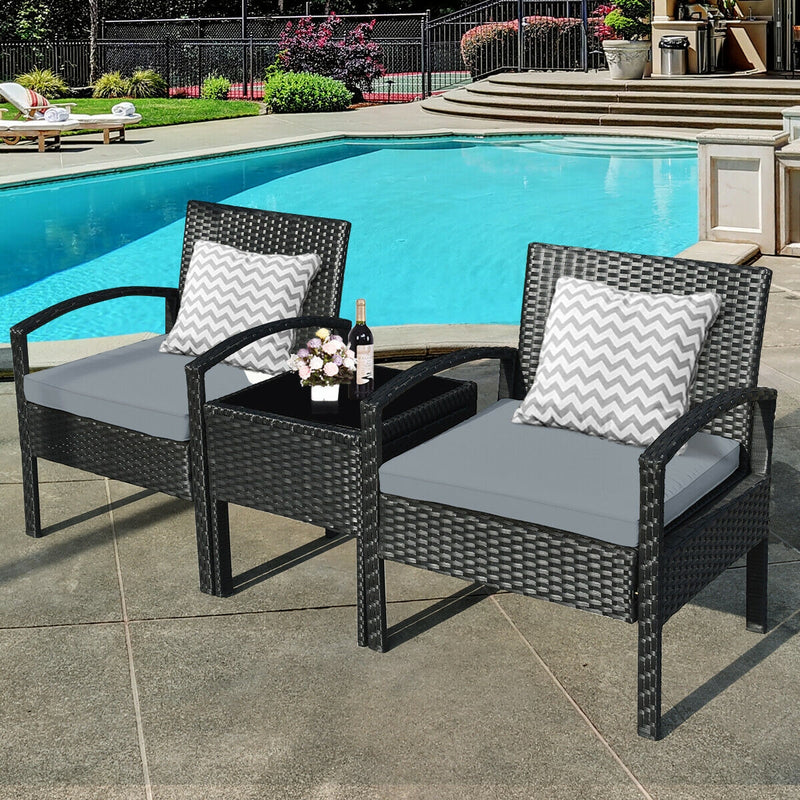 3 Pieces Outdoor Rattan Patio Conversation Set with Seat Cushions