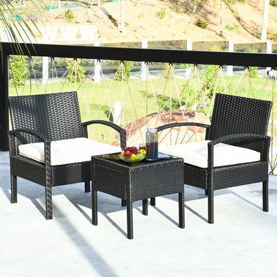 3 Pieces Black Outdoor Rattan Bistro Set with Glass Table and Cushions