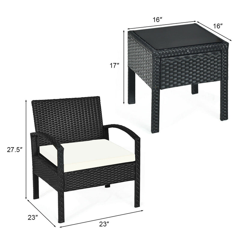 3 Pieces Black Outdoor Rattan Bistro Set with Glass Table and Cushions