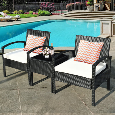 3 Pieces Black Outdoor Rattan Bistro Set with Glass Table and Cushions