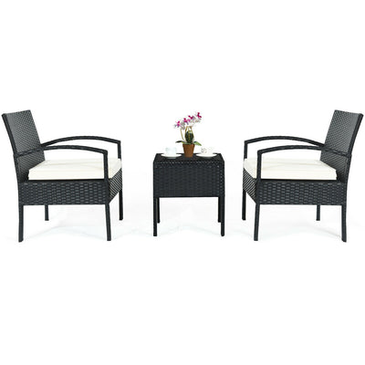 3 Pieces Black Outdoor Rattan Bistro Set with Glass Table and Cushions