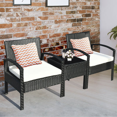 3 Pieces Black Outdoor Rattan Bistro Set with Glass Table and Cushions