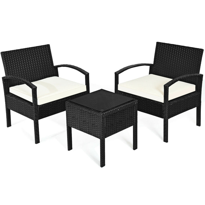 3 Pieces Black Outdoor Rattan Bistro Set with Glass Table and Cushions