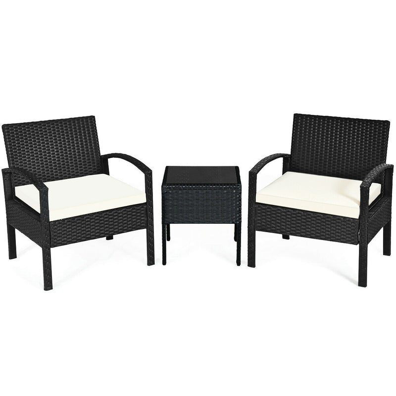 3 Pieces Black Outdoor Rattan Bistro Set with Glass Table and Cushions