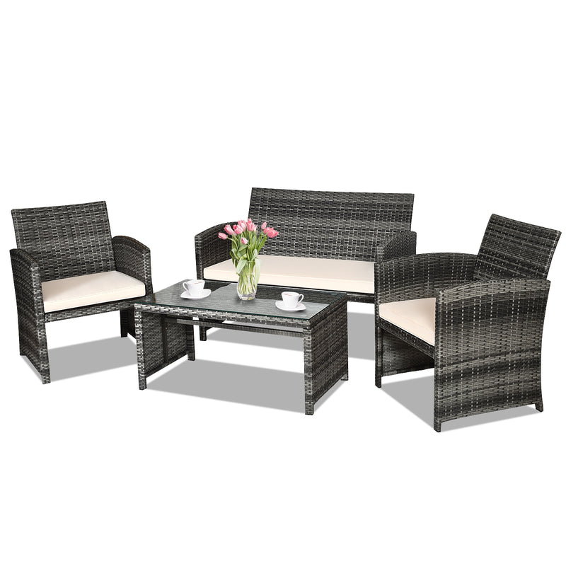 4 Pieces Patio Rattan Furniture Set with Glass Table and Loveseat