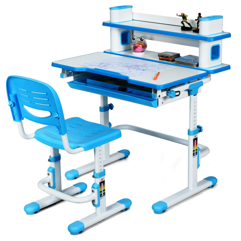 Adjustable Kids Desk and Chair Set with Bookshelf and Tilted Desktop