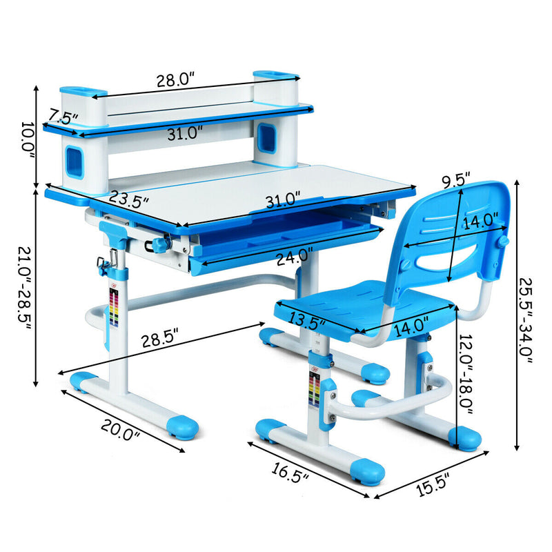 Adjustable Kids Desk and Chair Set with Bookshelf and Tilted Desktop