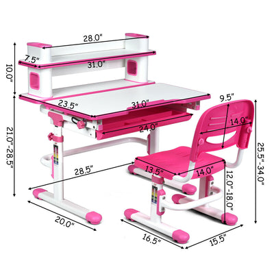 Adjustable Kids Desk and Chair Set with Bookshelf and Tilted Desktop