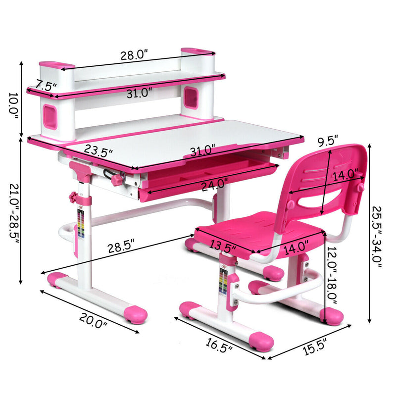 Adjustable Kids Desk and Chair Set with Bookshelf and Tilted Desktop