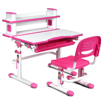 Adjustable Kids Desk and Chair Set with Bookshelf and Tilted Desktop