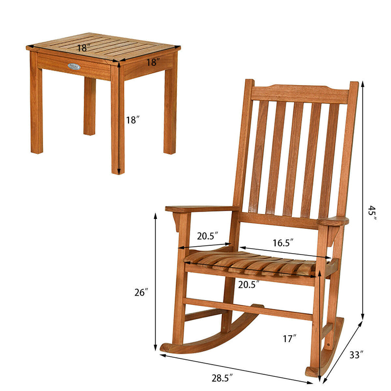 3 Pcs Eucalyptus Rocking Chair Set with Coffee Table