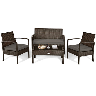 4 Pieces Patio Rattan Cushioned Furniture Set with Loveseat and Table