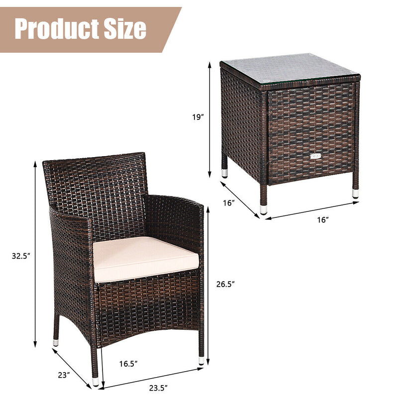 3 Pcs Patio Wicker Rattan Conversation Set with Coffee Table for Garden Lawn Backyard Poolside