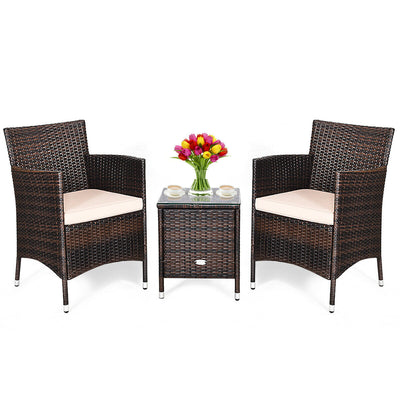 3 Pcs Patio Wicker Rattan Conversation Set with Coffee Table for Garden Lawn Backyard Poolside