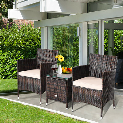 3 Pcs Patio Wicker Rattan Conversation Set with Coffee Table for Garden Lawn Backyard Poolside