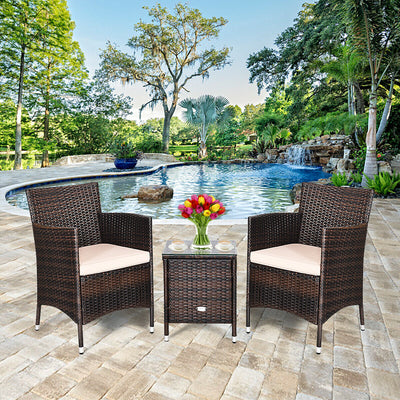 3 Pcs Patio Wicker Rattan Conversation Set with Coffee Table for Garden Lawn Backyard Poolside