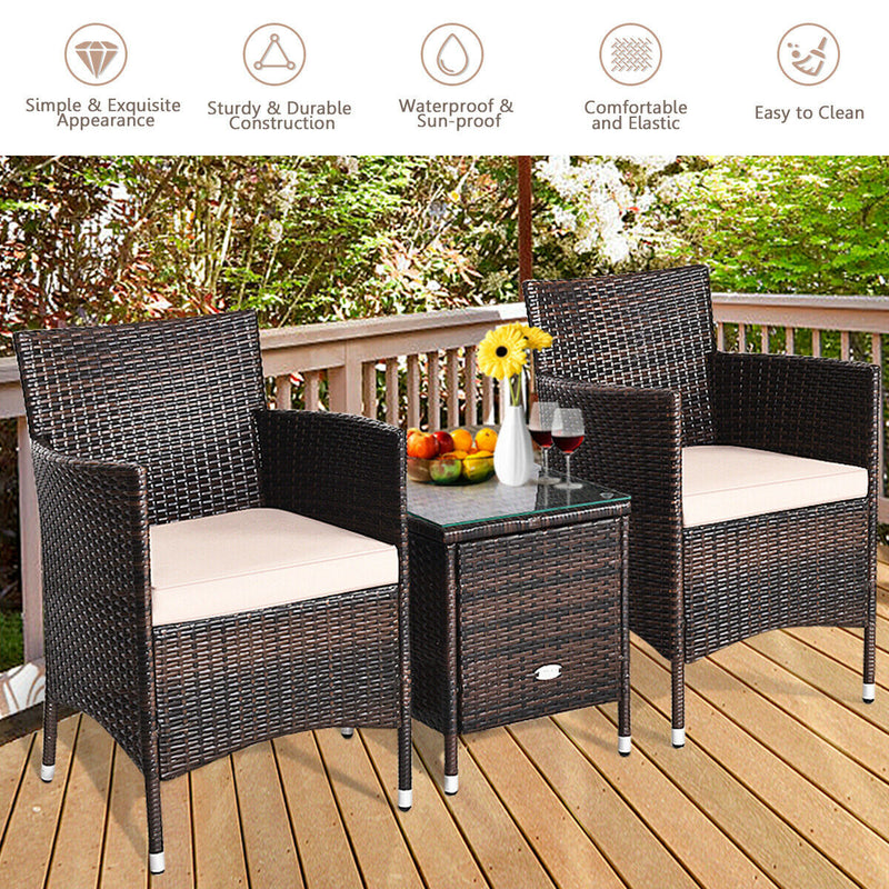 3 Pcs Patio Wicker Rattan Conversation Set with Coffee Table for Garden Lawn Backyard Poolside