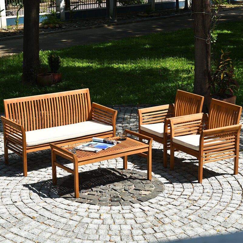 4 Pieces Outdoor Acacia Wood Sofa Furniture Set