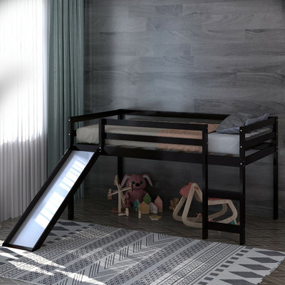 Twin Size Low Sturdy Loft Bed with Slide Wood