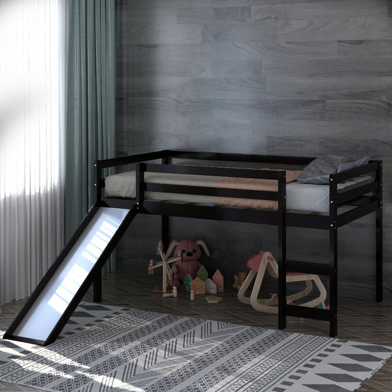 Twin Size Low Sturdy Loft Bed with Slide Wood