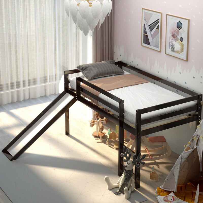 Twin Size Low Sturdy Loft Bed with Slide Wood