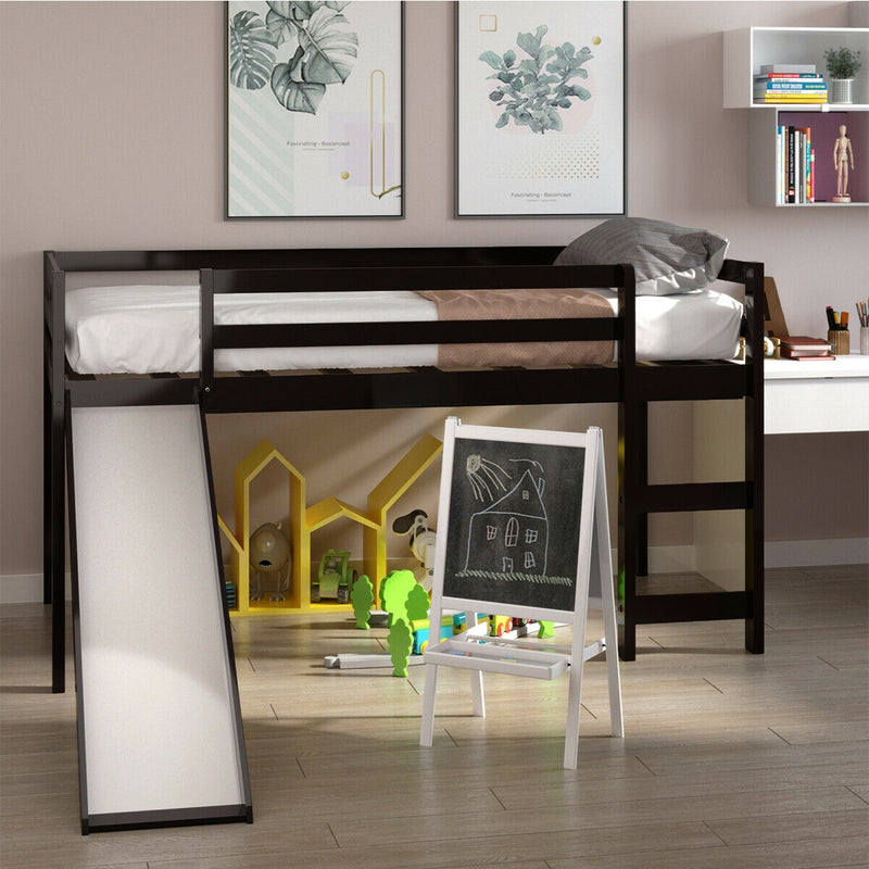 Twin Size Low Sturdy Loft Bed with Slide Wood