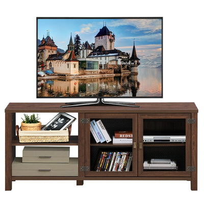 65" Wooden TV Stand with 2 Metal Mesh Doors