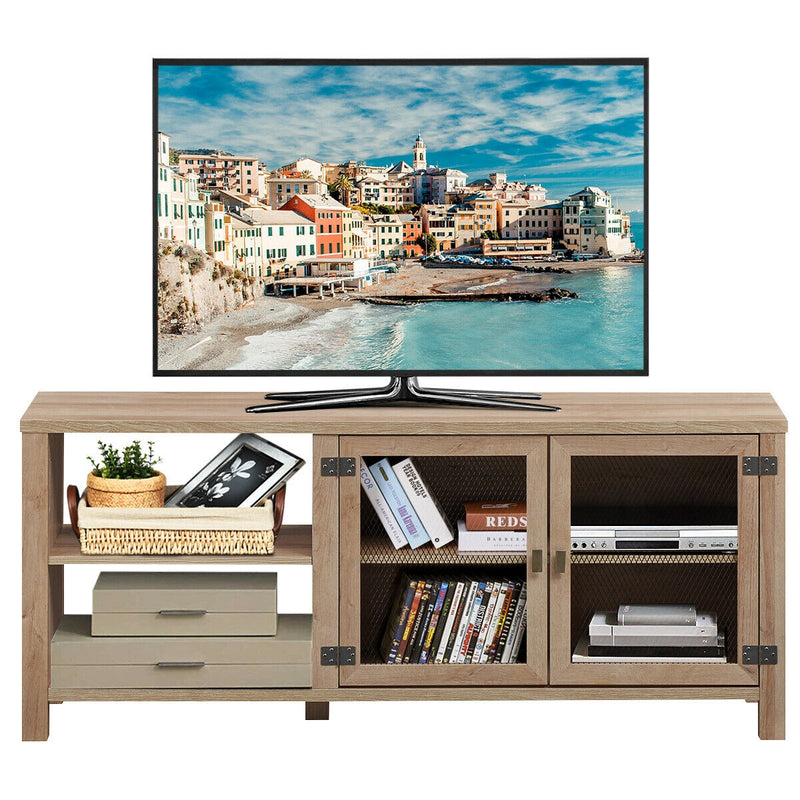 65" Wooden TV Stand with 2 Metal Mesh Doors