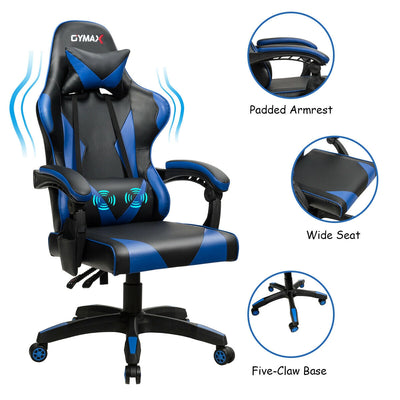 Leather Massage Gaming Chair with Headrest and Detachable Lumbar Support