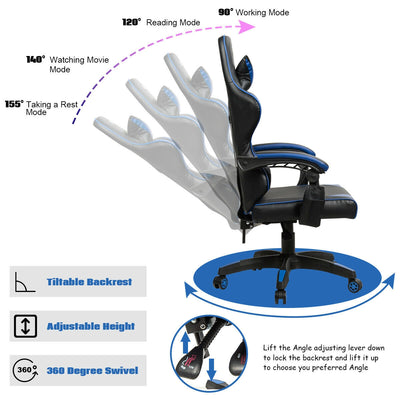 Leather Massage Gaming Chair with Headrest and Detachable Lumbar Support