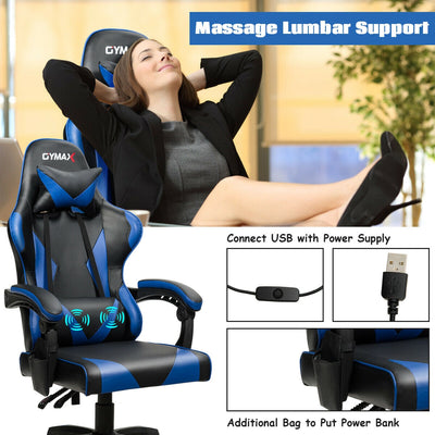 Leather Massage Gaming Chair with Headrest and Detachable Lumbar Support