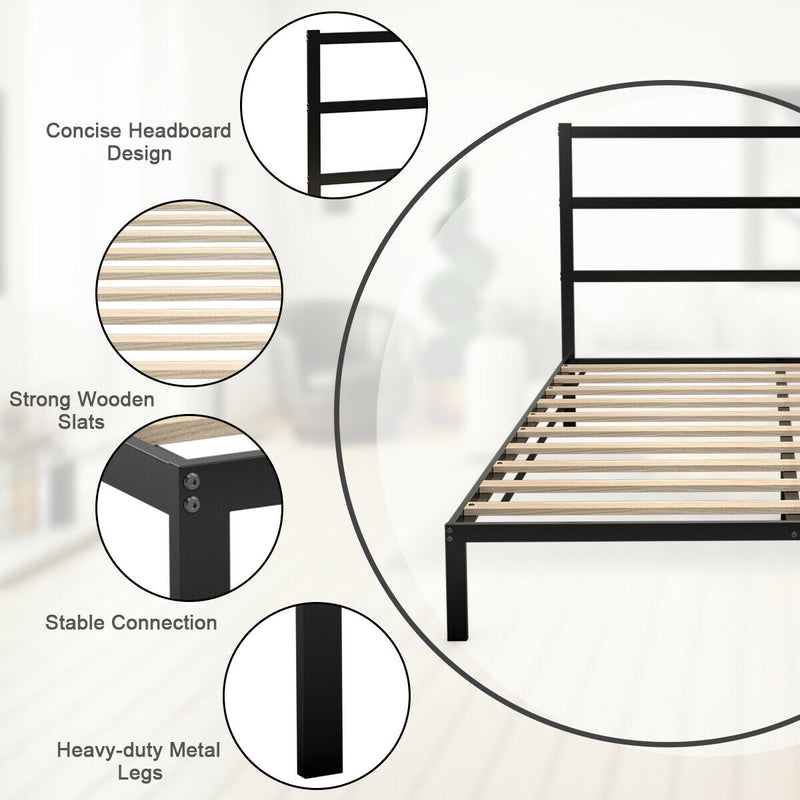 Queen Size Metal Bed Platform Frame with Headboard