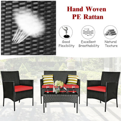 4 Pieces Patio Rattan Cushioned Sofa Set with Tempered Glass Coffee Table