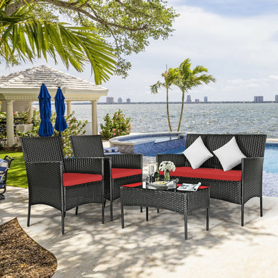 4 Pieces Patio Rattan Cushioned Sofa Set with Tempered Glass Coffee Table