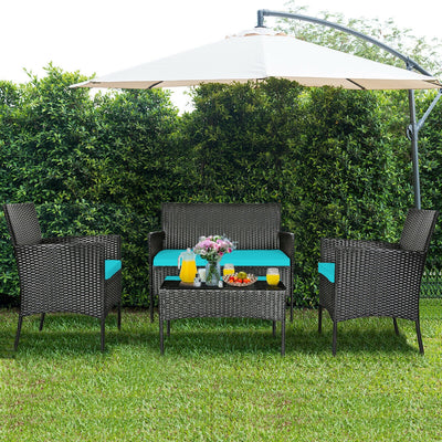 4 Pieces Patio Rattan Cushioned Sofa Set with Tempered Glass Coffee Table