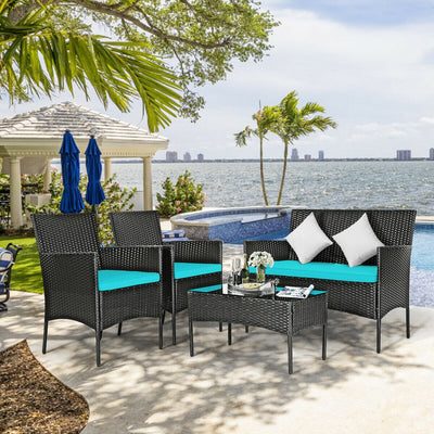 4 Pieces Patio Rattan Cushioned Sofa Set with Tempered Glass Coffee Table