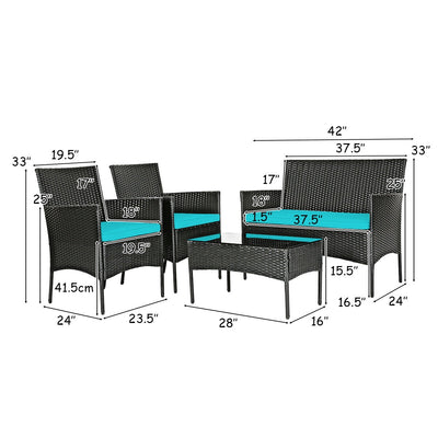 4 Pieces Patio Rattan Cushioned Sofa Set with Tempered Glass Coffee Table