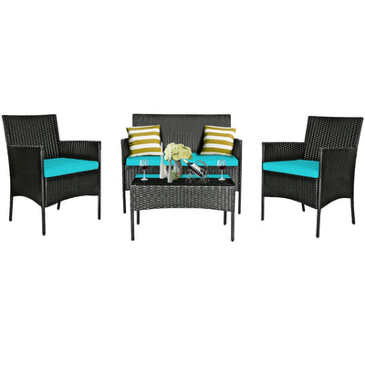 4 Pieces Patio Rattan Cushioned Sofa Set with Tempered Glass Coffee Table