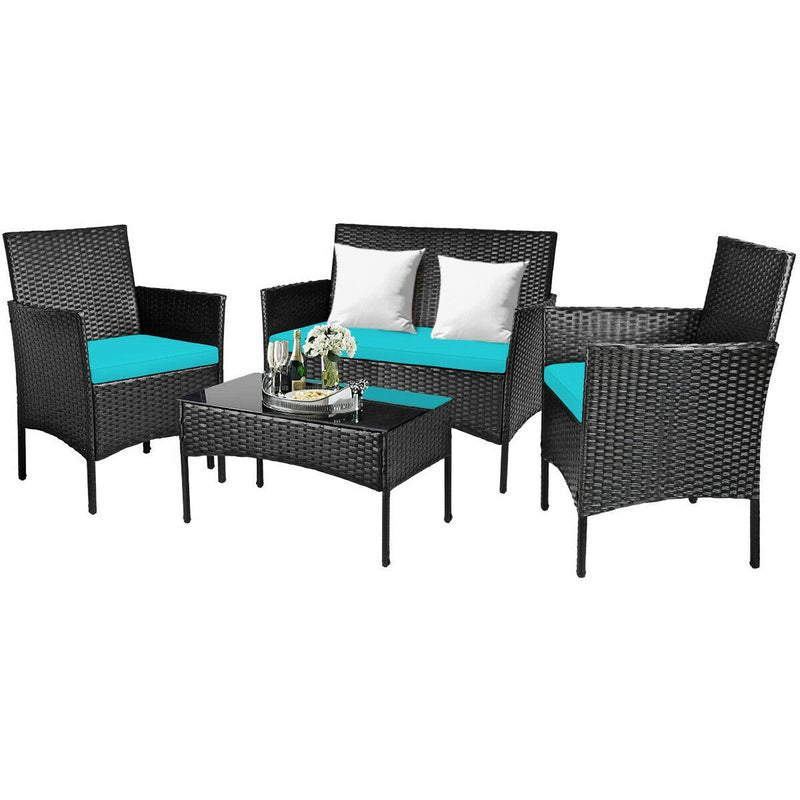 4 Pieces Patio Rattan Cushioned Sofa Set with Tempered Glass Coffee Table